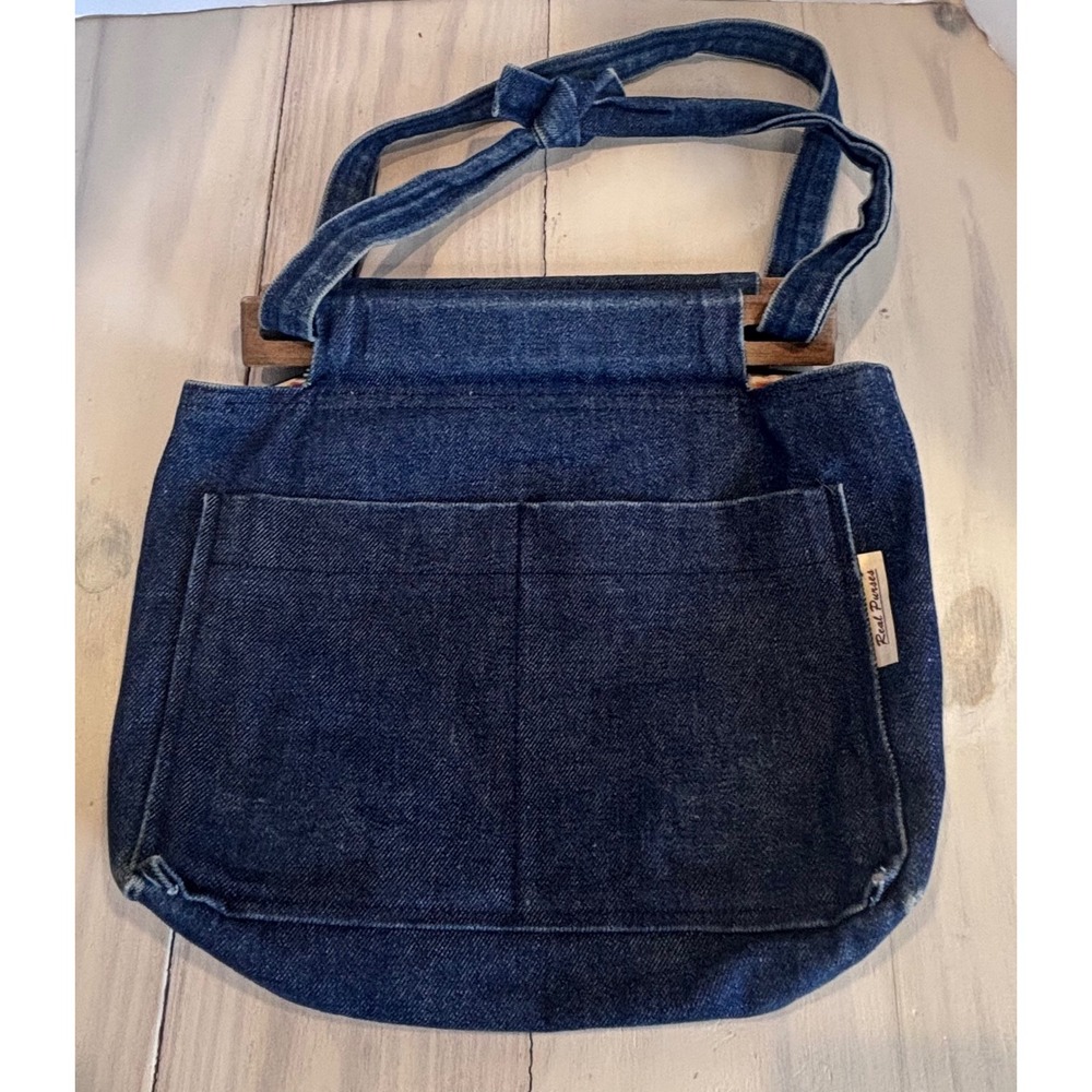 VTG Real Purses Blue Denim Tote Bag Floral Lining Wood Handle Boho Y2K Rodeo